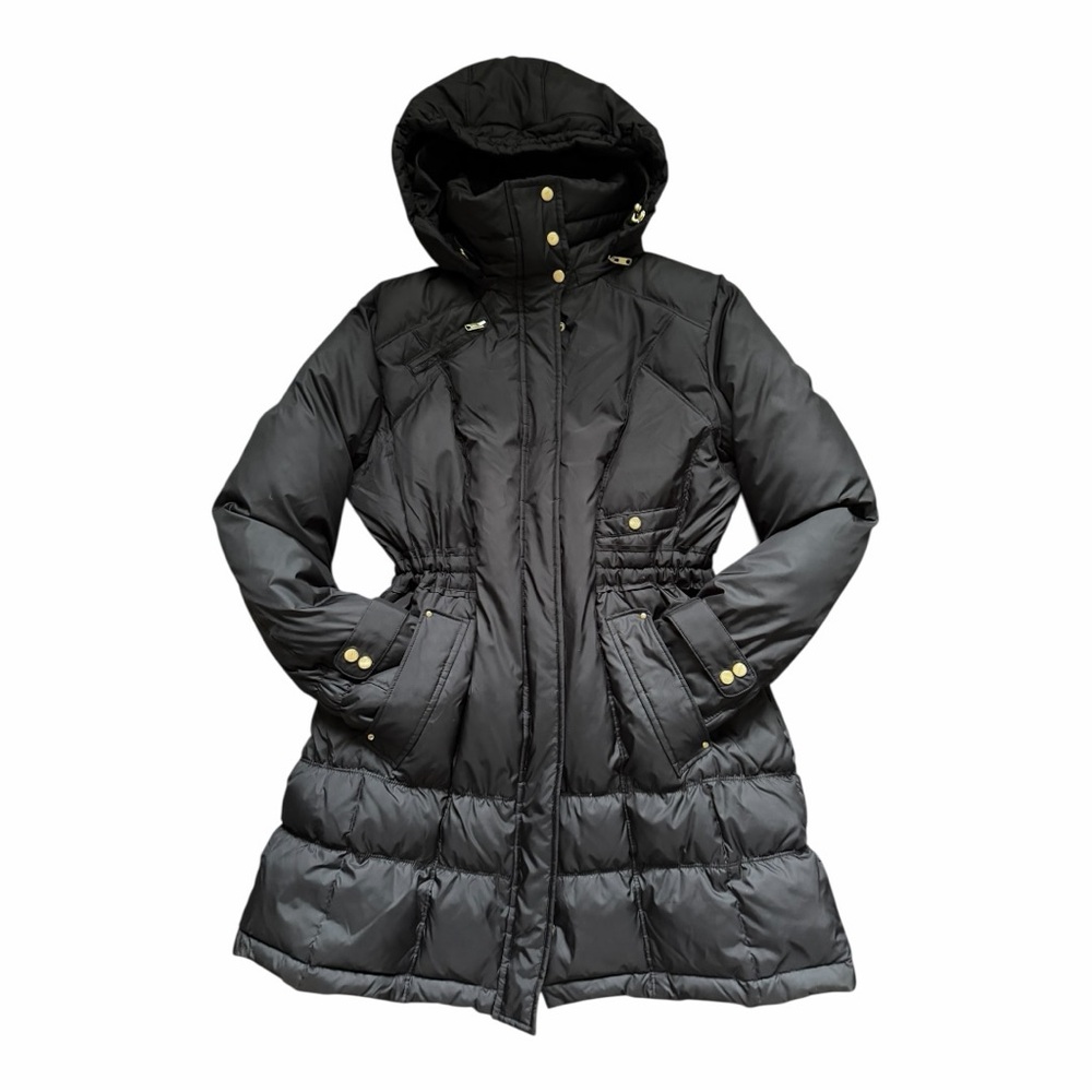 Cole Haan Signature Black Down Puffer Coat Cinch Waist Gold Hardware Hooded